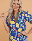 Floral Stripe Patchwork V-Neck Short Sleeve Blouse