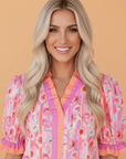 Floral Poppy Stripe Colorblock V-Neck Short Sleeve Blouse