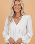 Solid Floral Guipure Lace Frilled Long Sleeve Blouse