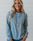 Plaid Long Sleeve Frilled Half Button Blouse