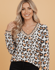 Leopard Contrast Scallop V-Neck Long Sleeve Blouse