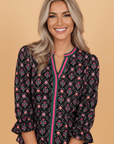 Floral Contrast V-Neck 3/4 Sleeve Blouse