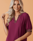 Leopard Contrast Trim V-Neck Short Sleeve Blouse
