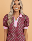 Floral Contrast Collared V-Neck Ricrac-Trim Blouse