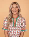 Floral Stripe Detail V-Neck Ruffle Sleeve Blouse