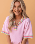 Rainbow Stripe Ribbed Patchwork Oversize Polo Tee