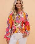 Floral Abstract Leopard Buttoned Ruffle Bubble Sleeve Shirt