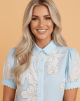 Floral Ricrac Trim Puff Sleeve Buttoned Shirt