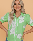 Floral Ricrac Trim Puff Sleeve Buttoned Shirt