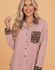 Stripe Leopard Patchwork Long Sleeve Buttoned Shirt