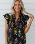 Floral Lace Trim V-Neck Frilled Short Sleeve Shirt