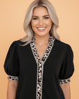 Leopard Trim Puff Sleeve Buttoned V-Neck Shirt