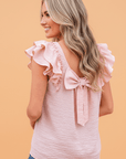 Textured Bow Back Frilled Butterfly Sleeve Blouse