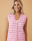 Stripe Buttoned V-Neck Sweater Knit Top