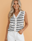Stripe Buttoned V-Neck Sweater Knit Top