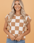 Checker Colorblock Ribbed Trim Sweater Knit Top