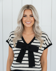 Stripe Bow Applique Short Sleeve Sweater