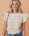 Stripe Eyelet Knit Ruffle Sleeve Sweater