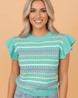 Stripe Eyelet Knit Ruffle Sleeve Sweater
