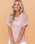 Hollow-out Crochet Tie Side Short Sleeve Sweater