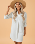 Stripe Collared V-Neck Chest Pocket Swim Cover Up