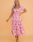 Abstract Brush Stroke Smocked Ruffle Tiered Dress