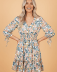 Floral 3/4 Sleeve V-Neck High Waist Ruffle Dress