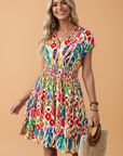 Abstract V-Neck Dolman Sleeve Ruffle Tiered Mini Dress