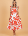 Floral Trim V-Neck Ruffle Sleeve Midi Dress
