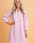 Stripe 3/4 Sleeve Buttoned V-Neck Mini Dress