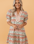 Floral Tulip Stripe Short Puff Sleeve Mini Dress