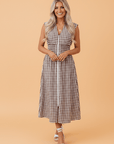 Gingham Plaid Zipped Cinched Waist Maxi Dress
