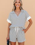 Stripe Collared V-Neck Tee & Shorts Set