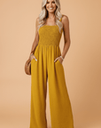 Smocked Sleeveless Wide Leg Jumpsuit with Pockets