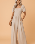 Short Bubble Sleeve Smocked Wide Leg Jumpsuit