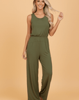 Solid Pleated Detail Sleeveless Elastic Waist Jumpsuit
