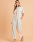 Half Placket Chest Pockets Wide Leg Jumpsuit