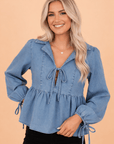 Denim Lapel Collar Balloon Sleeve Peplum Top