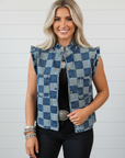 Checker Ruffle Trim Button Down Denim Vest