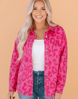 Leopard Buttoned Cuff Raw Hem Denim Jacket