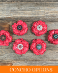 Bright Pink Gardenia Leather Flowers - 1" Crystal Conchos - Options