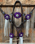 Dark Oil Floral Purple and White Browband / One Ear Tack Set