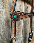 Light Oil Buckaroo Roper Flower Turquoise One Ear & Breastcollar Tack Set
