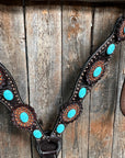 Dark Oil Floral Copper Dot Turquoise Cabochon Browband / Breastcollar Tack Set