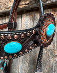 Dark Oil Floral Copper Dot Turquoise Cabochon Browband / Breastcollar Tack Set