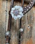 Dark Oil Buckstitch White Floral One Ear & Breastcollar Tack Set
