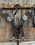 Dark Oil Silver Dot Flowers and Skulls Browband / One Ear Tack Set