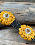 DC19 -Black Oil Leather Sunflower Dog Collar 18" to 28"