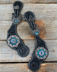 Black Floral Spur Straps - Antique Silver Crystal Conchos