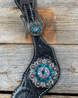 Black Floral Spur Straps - Antique Silver Crystal Conchos